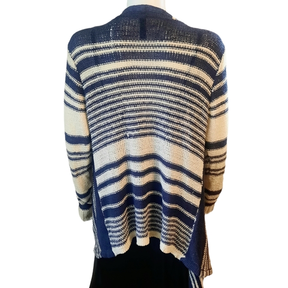 PRONTO Ribbon Knit Waterfall Front Convertible Striped Cardigan Sz M Navy/Ivory - Picture 3 of 8